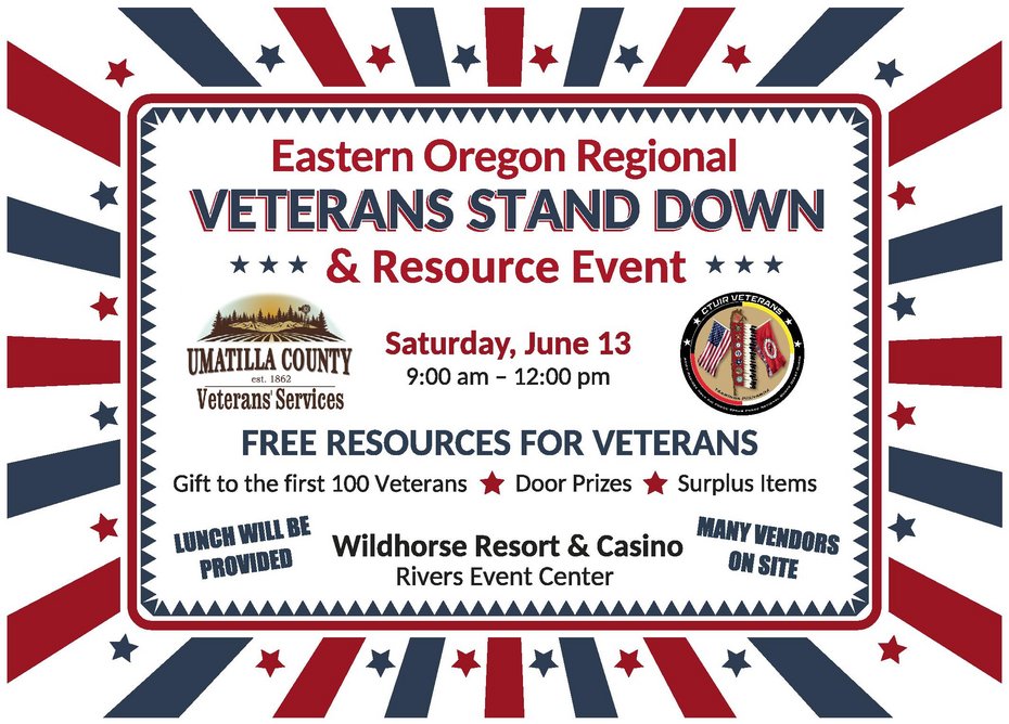 A poster explaining that a Veterans event is being held on June 13th from 9am to 12pm to provide free resources at Wildhorse Resort & Casino Rivers Event Center.